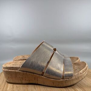 Kork-Ease Menzie Leather Wedge Slide Sandals Silver Size 8M